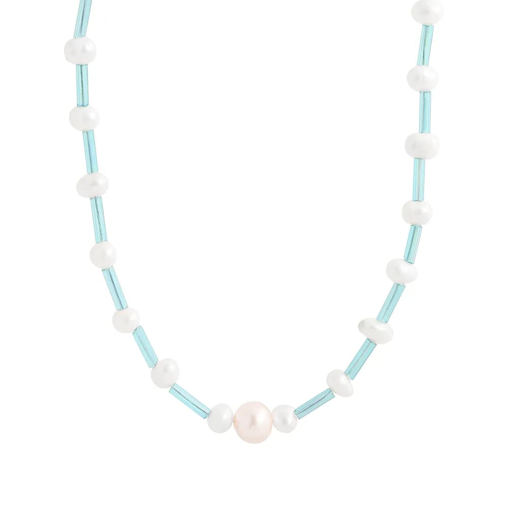 Turquoise Tube & Pearl Necklace in Platinum — Sterling silver