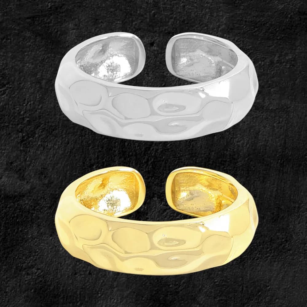Polished pebble-textured ring in silver and gold-tone finishes shown with an open back for adjustability.