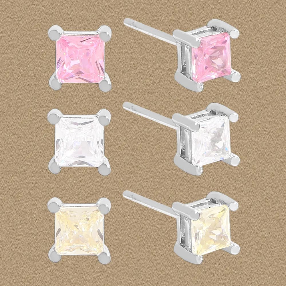 Sterling silver square-cut stud earrings in pink, clear, and pale yellow stones