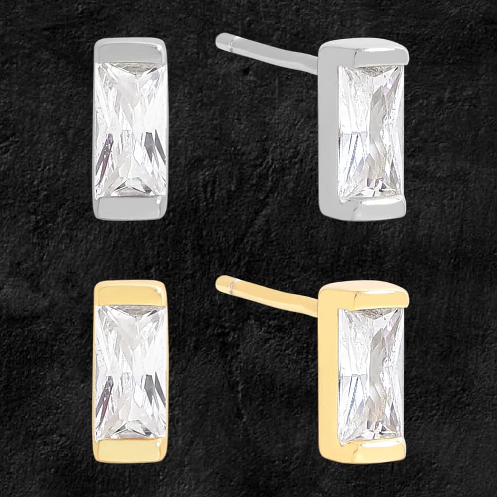Polished sterling silver rectangular crystal bar earrings with bezel setting.