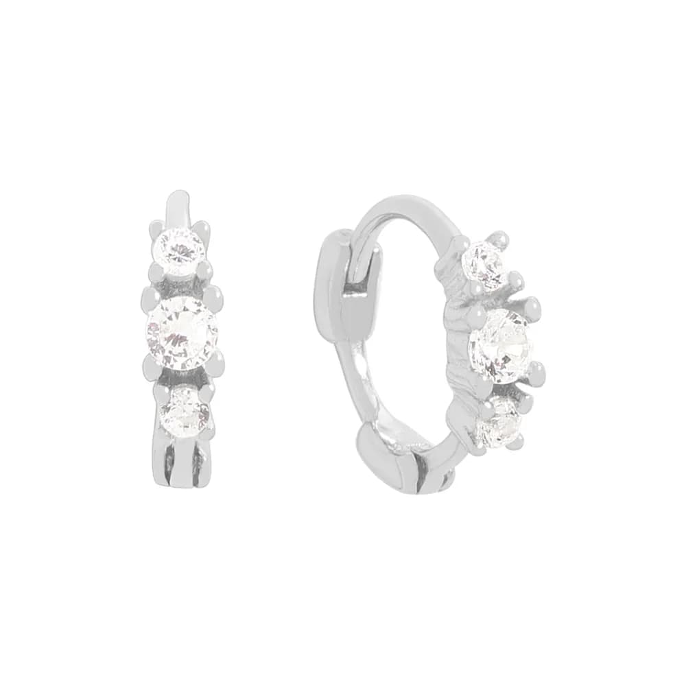 Three Stone Huggie Earrings in Platinum — Sterling silver