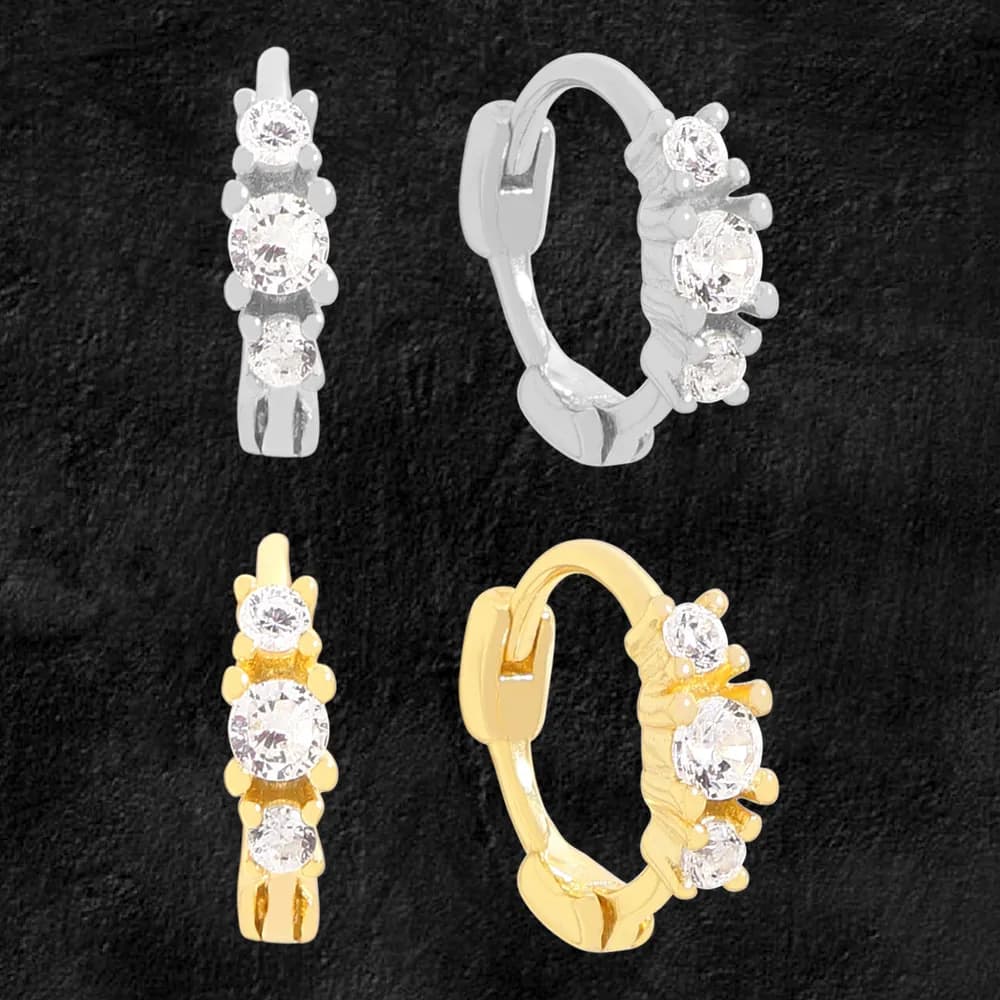 Polished sterling silver hoop earrings with three stones shown from front and side angles.