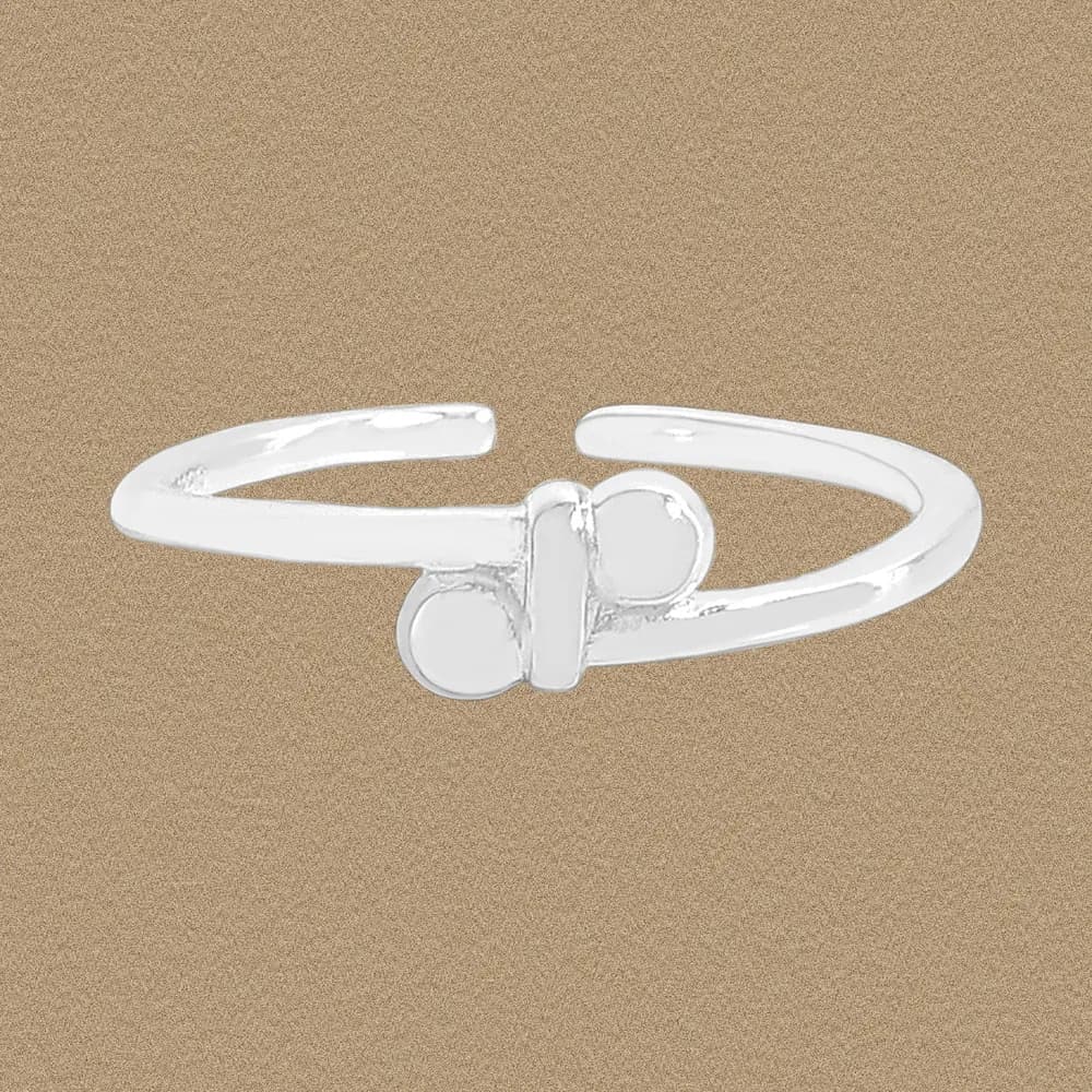 Polished sterling silver open-ring with a bar-like knot detail on a neutral background.