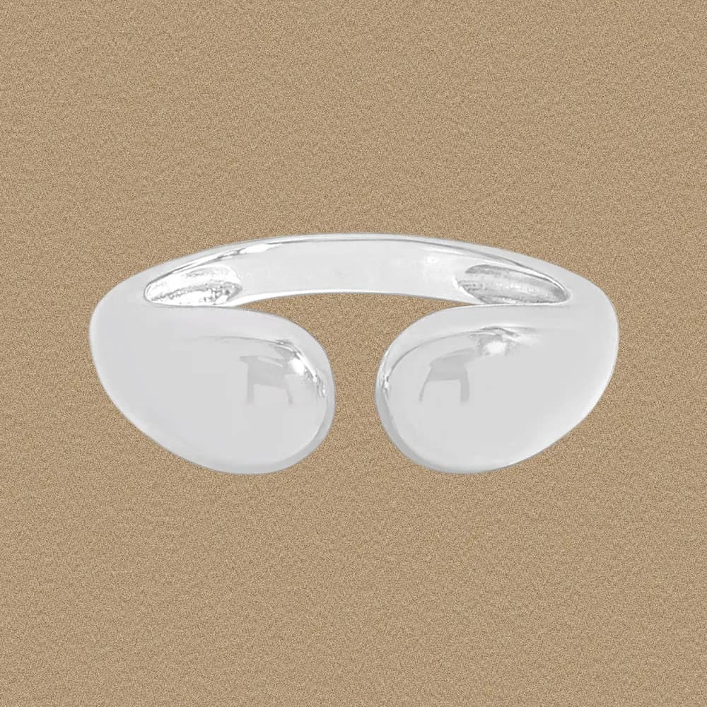 Open curved ring with two rounded dome ends in polished sterling silver.