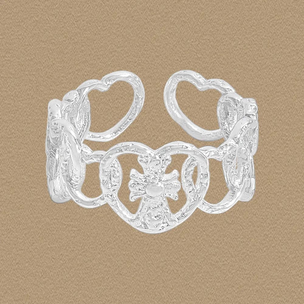 Polished sterling silver ring with interconnected heart-shaped links and a central bow motif.
