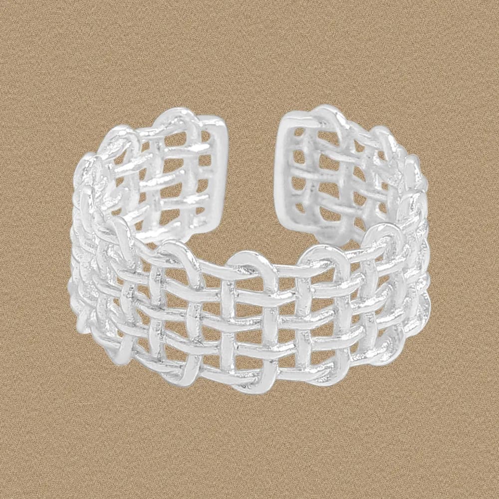 A wide, open-grid sterling silver ring with chunky woven links and a polished surface.