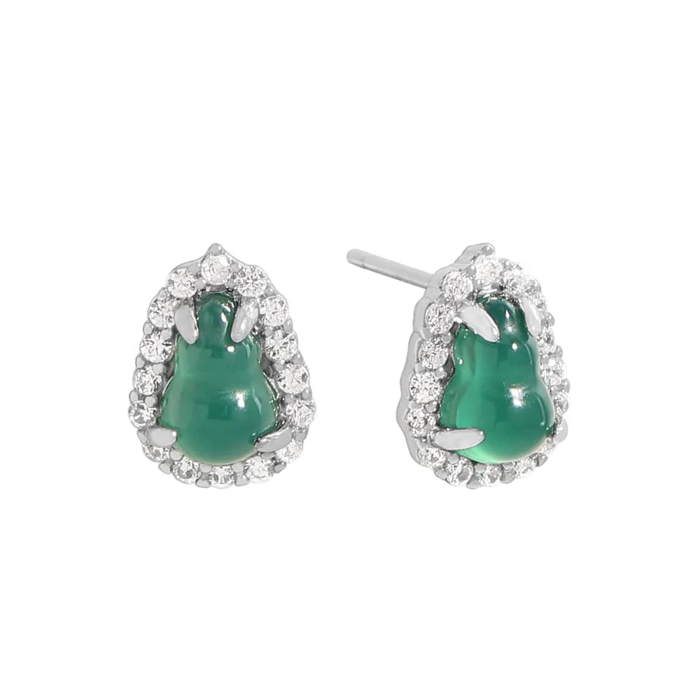 Green Jade Halo Earrings in Platinum — Sterling silver