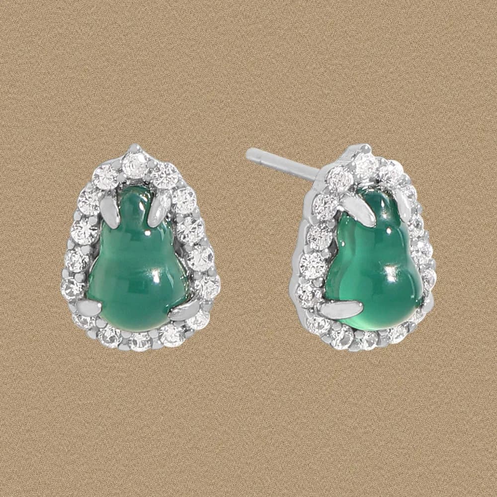Sterling silver earrings with a green teardrop cabochon, encircled by a circle of clear stones.