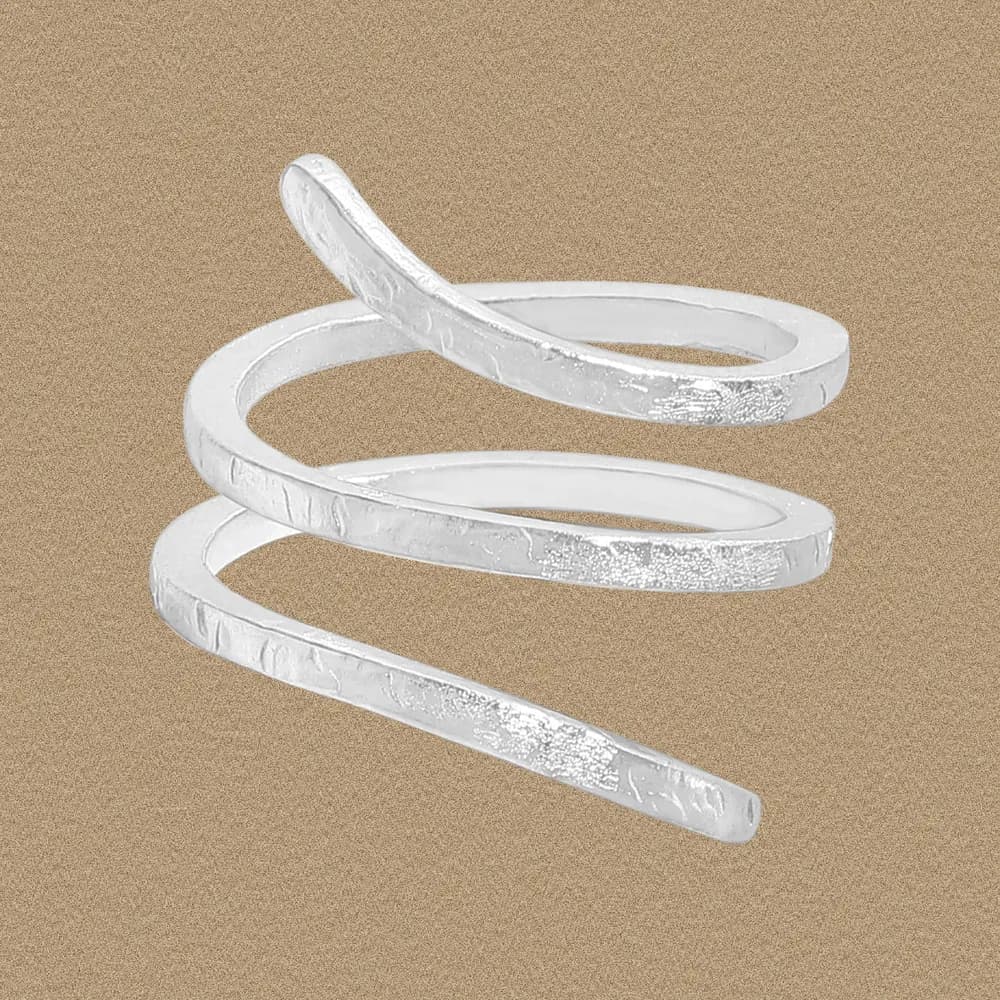 A three-band hammered sterling silver spiral wrap ring shown in an open, looping design.