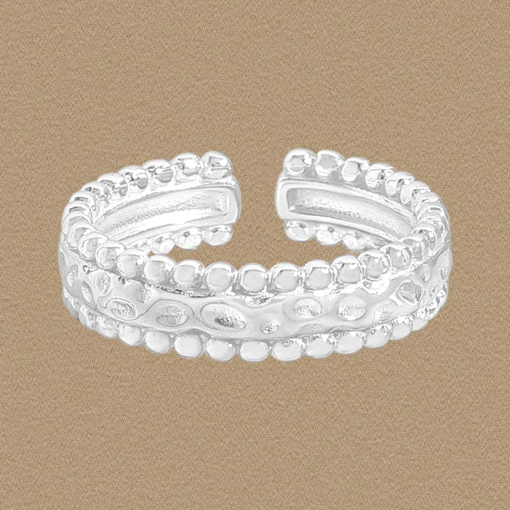 Polished sterling silver open ring with three bead-edged bands and a smooth central band.