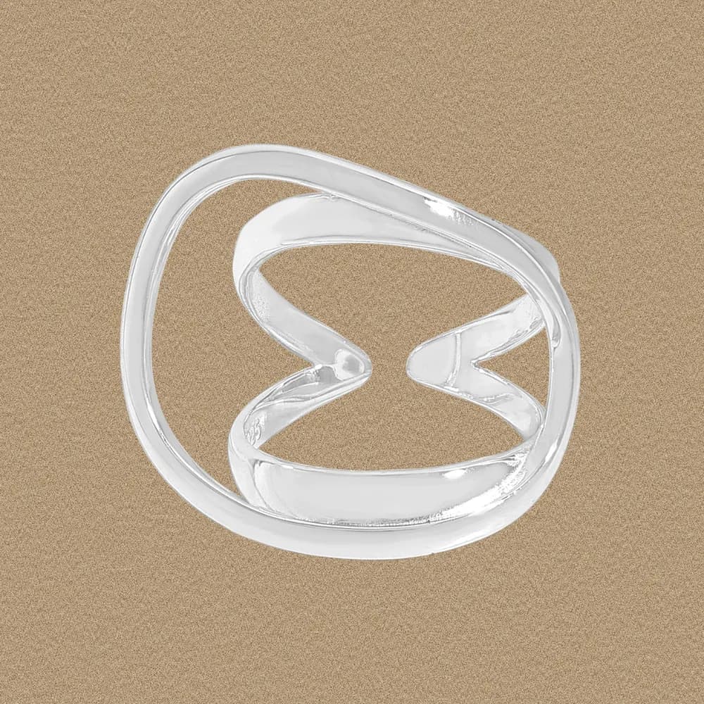 Polished sterling silver ring with an abstract intertwining loop design