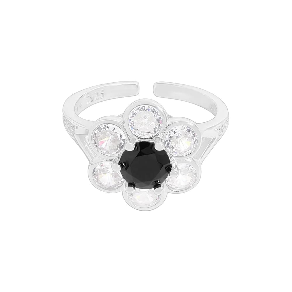Onyx Flower Ring in Silver — Sterling silver