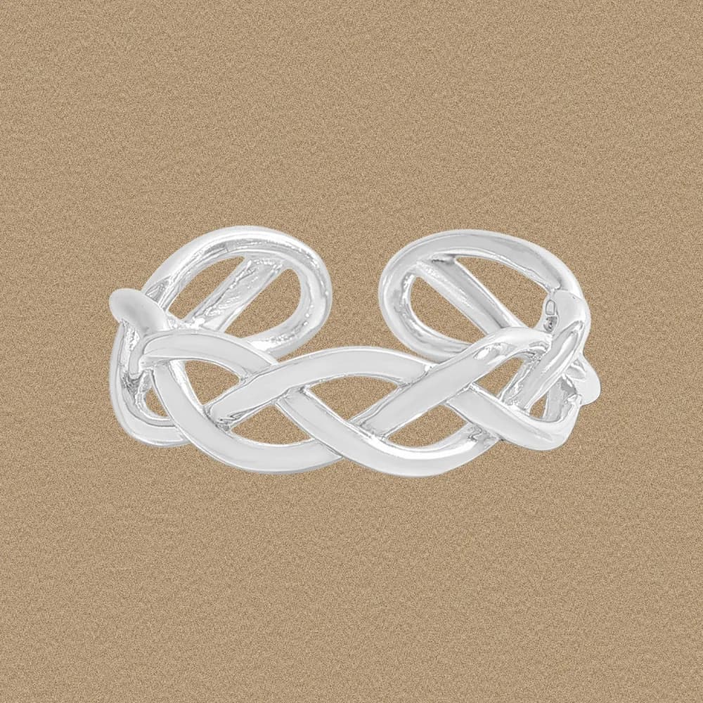 Polished sterling silver ring with an interwoven knot design on the top