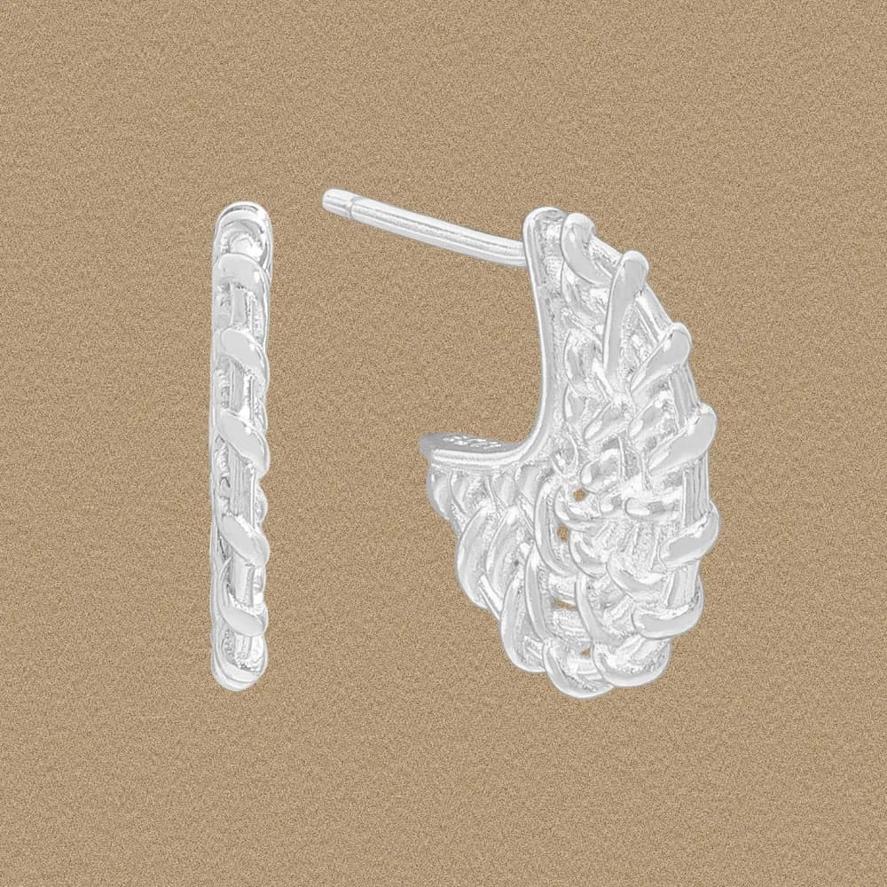 Sterling silver leaf-cluster hoop earring with a textured, interwoven design
