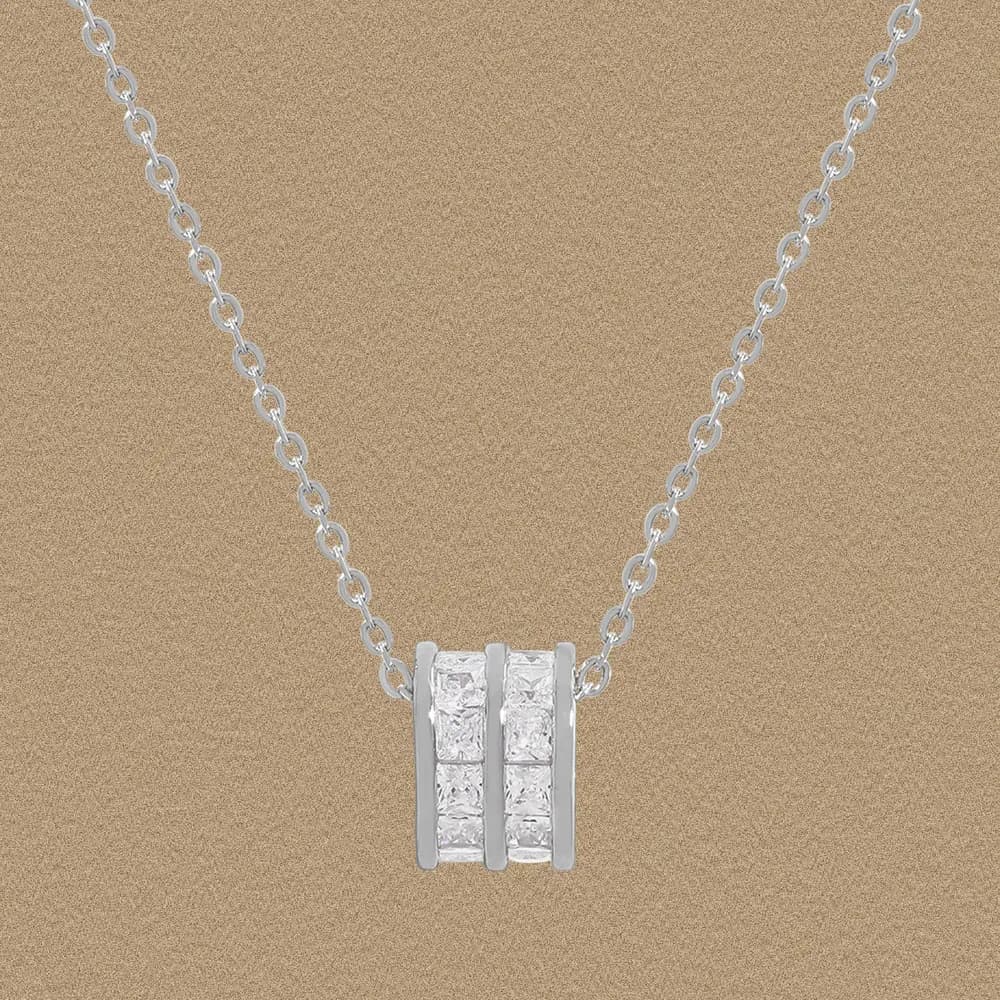 Polished sterling silver necklace with a rectangular pendant featuring three vertical bars and a central stone grid.