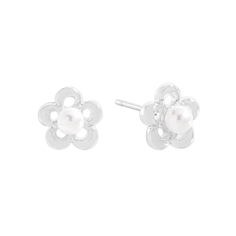 Flower Pearl Stud Earrings in Silver — Sterling silver
