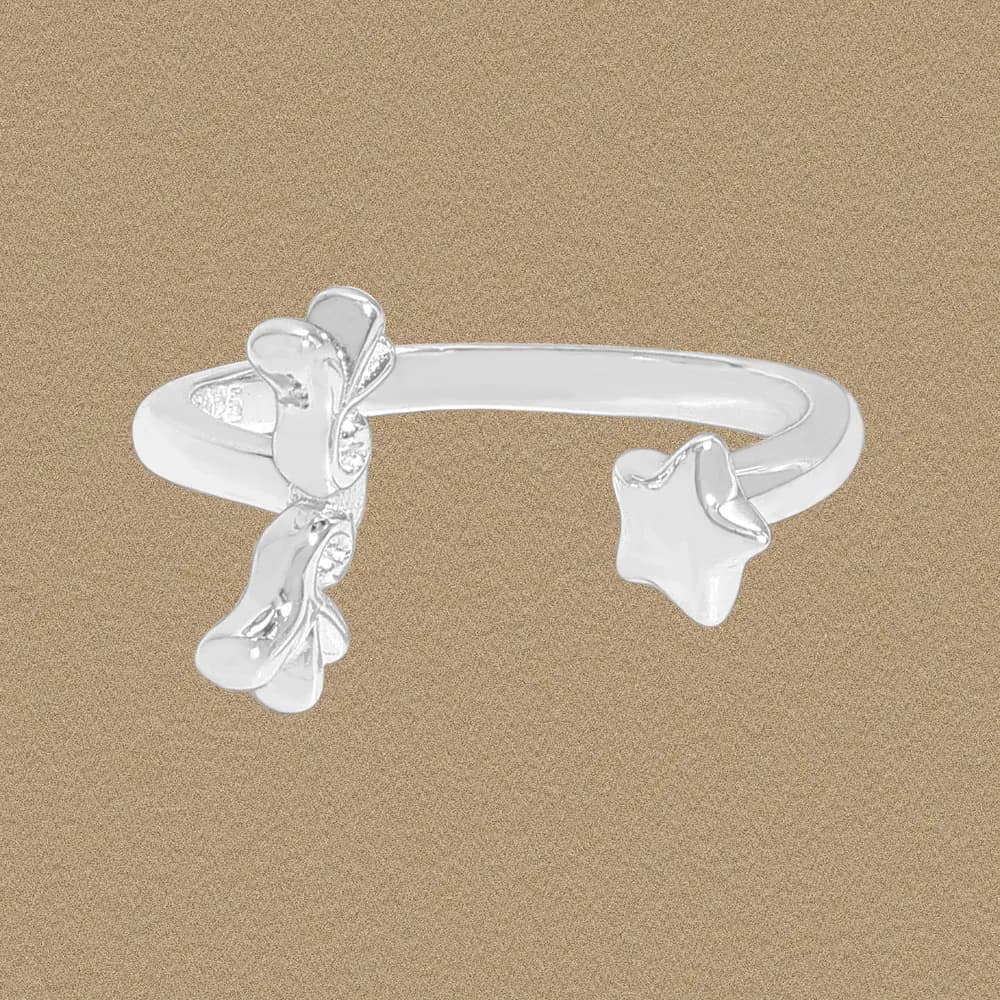 Polished sterling silver open-ring with a flower cluster on one end and a star on the other
