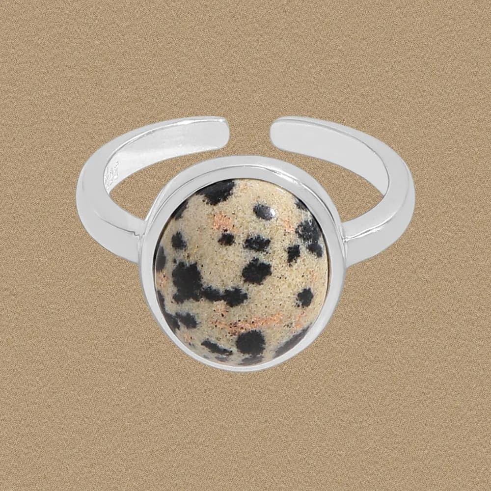 Polished sterling silver ring with a round Dalmatian Jasper cabochon held in a bezel setting