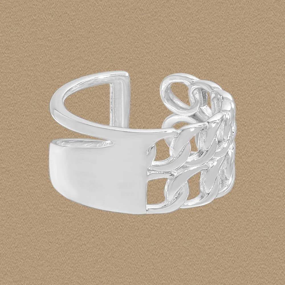 Polished sterling silver chain-link ring with an openwork side and smooth front plate shown against a neutral background.