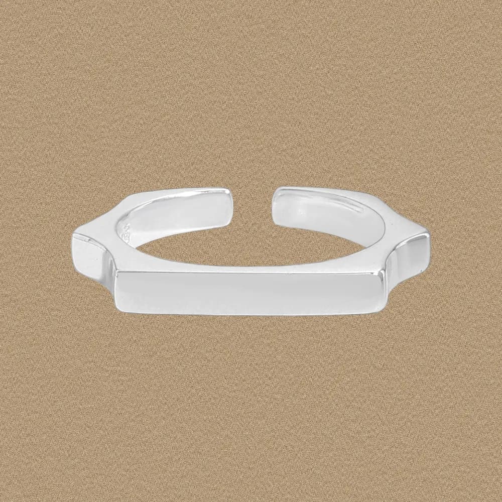 Polished rectangular bar ring in sterling silver with an open-back band