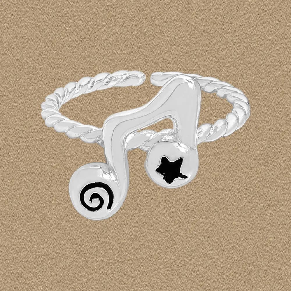 Polished sterling silver ring with a twisted rope band and a stylized musical note centerpiece.