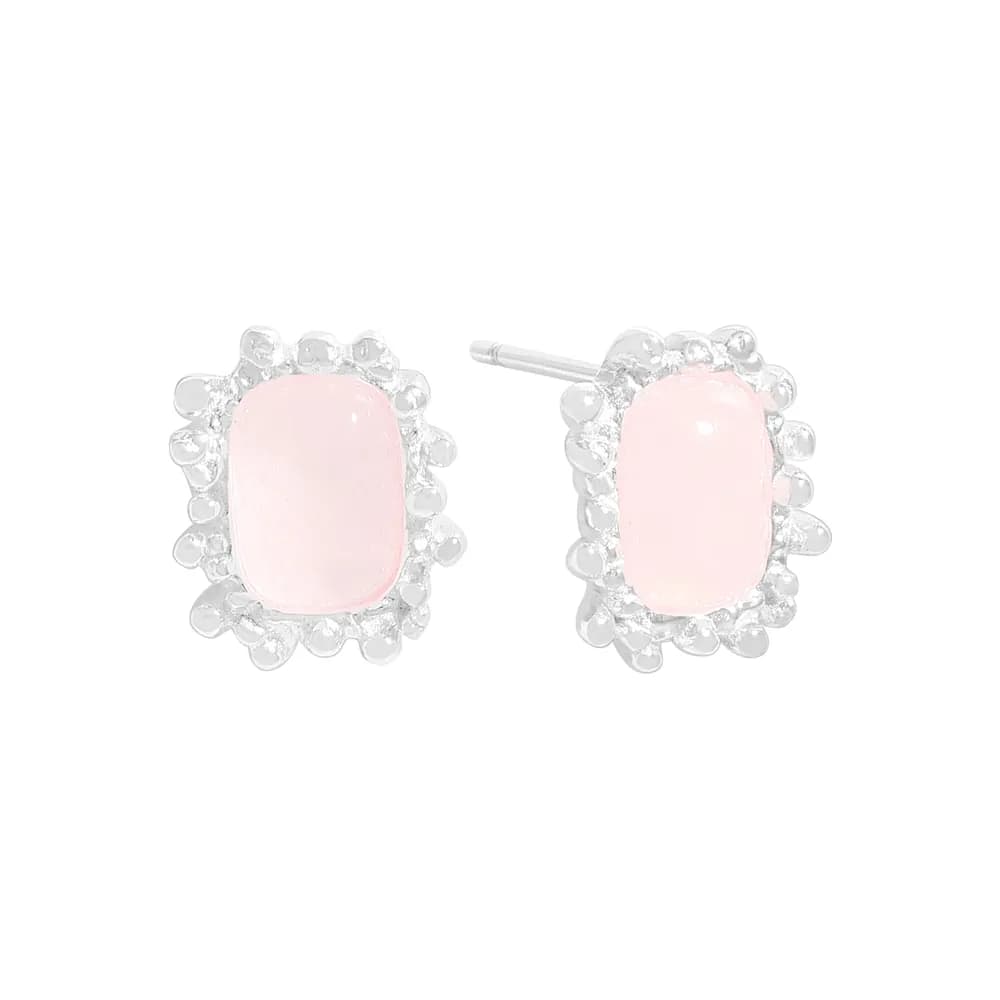 Pink Cabochon Halo Earrings in Silver — Sterling silver