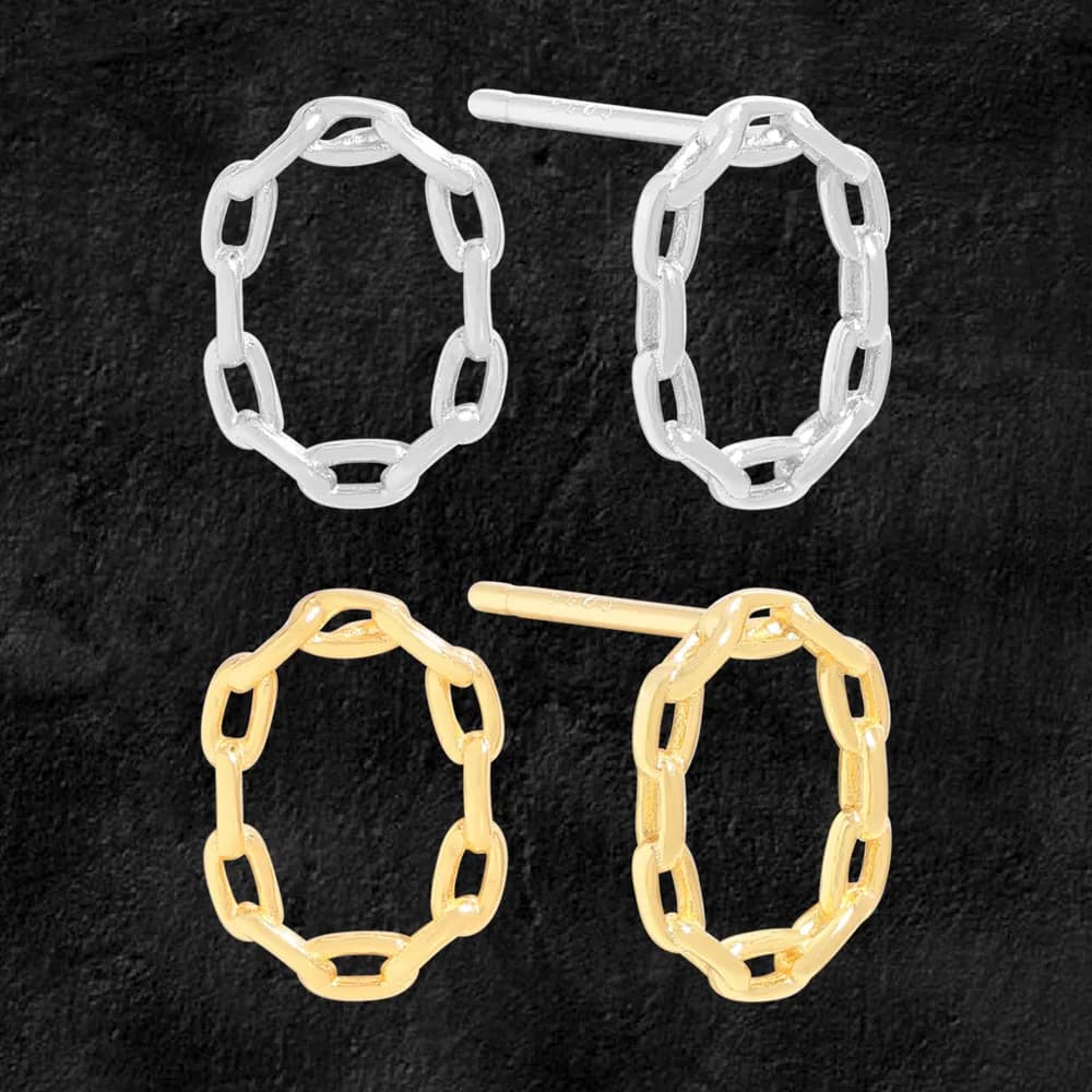 Polished chain-link hoop earrings in silver and gold-tone finishes with a chunky hexagonal silhouette.