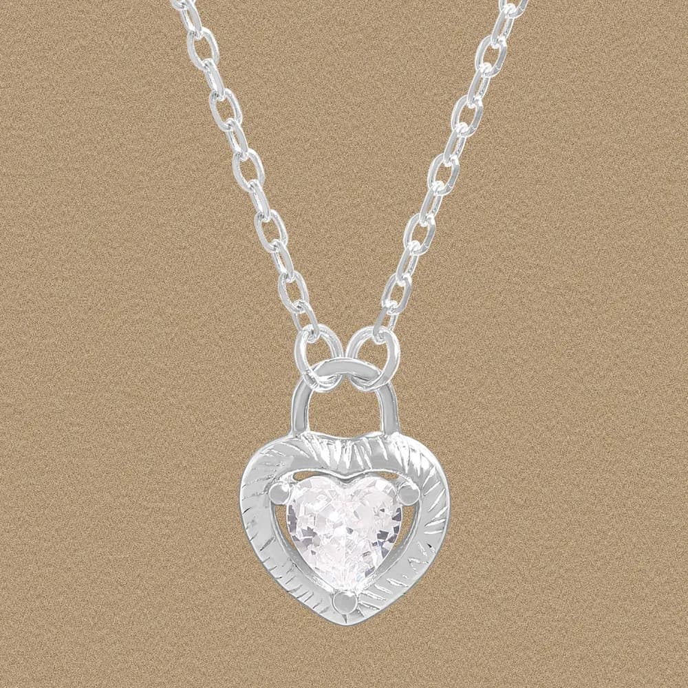 Polished sterling silver heart lock pendant with crystal centerpiece on a chain