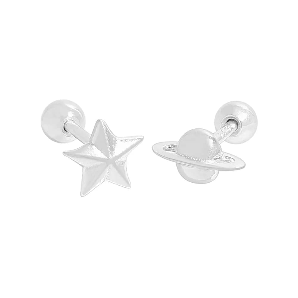 Star and Planet Stud Earrings in Silver — Sterling silver
