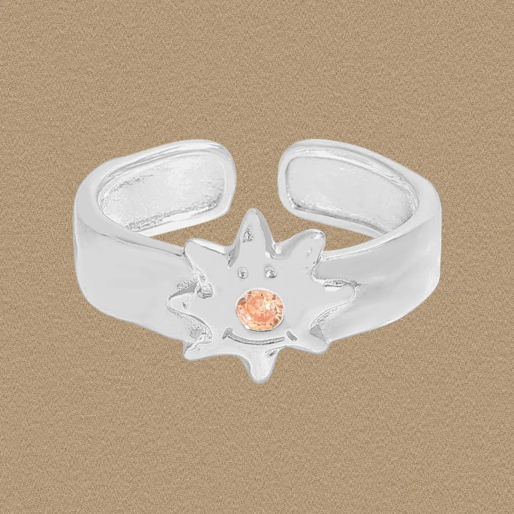Open-band sterling silver ring with a sunflower flower centerpiece and peach gemstone.