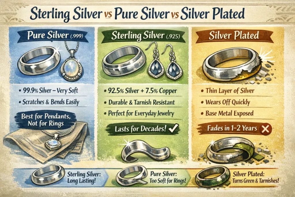 Sterling Silver vs Pure Silver vs Silver Plated Sterling Silver vs Pure Silver vs Silver Plated